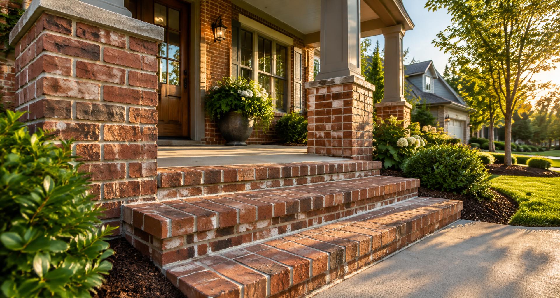 Brick porch columns and front steps with a concrete landing