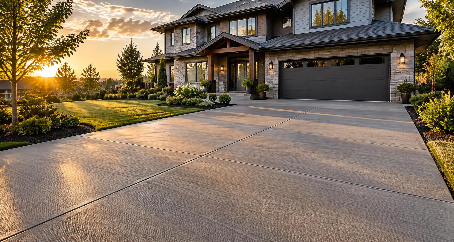 Smooth broom finish concrete driveway leading to a suburban home