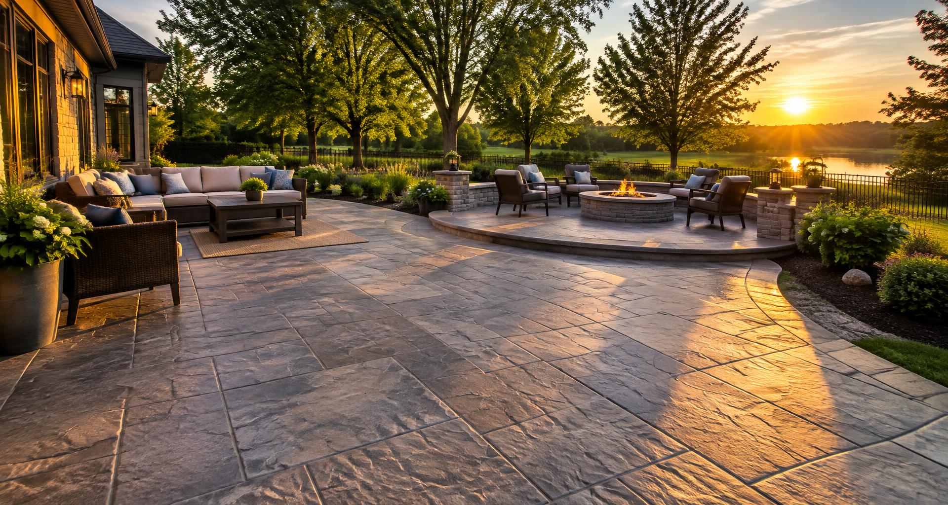 Stamped concrete patio with a raised fire pit seating area