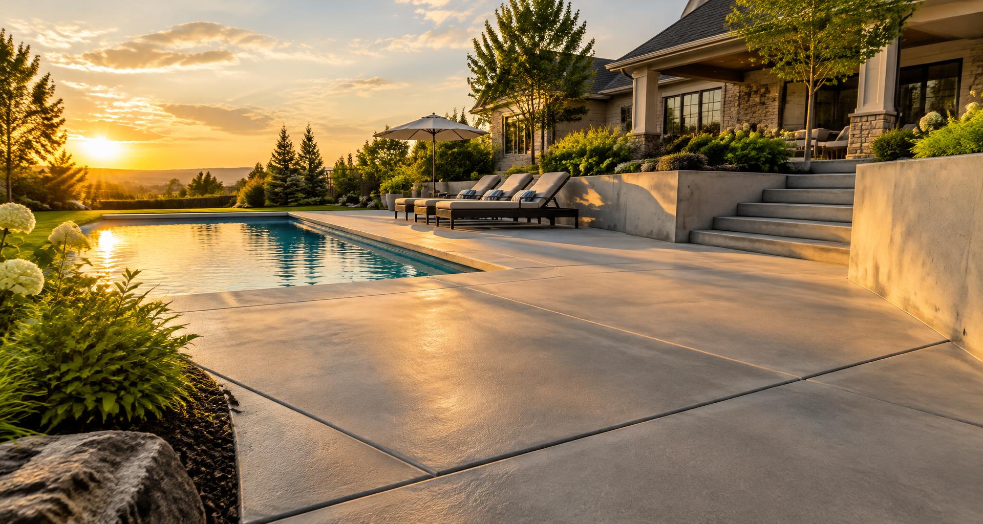 Smooth concrete pool deck with a low retaining wall and steps