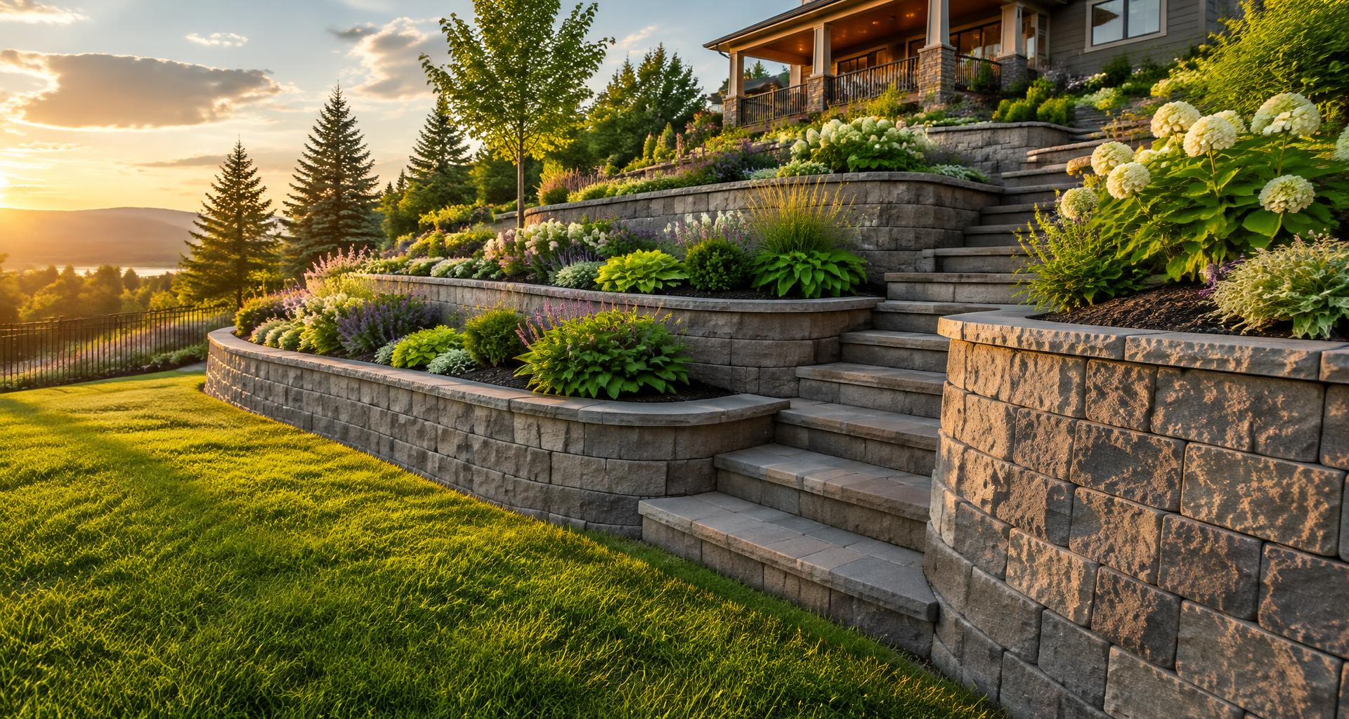 Tiered block retaining wall terracing a sloped backyard