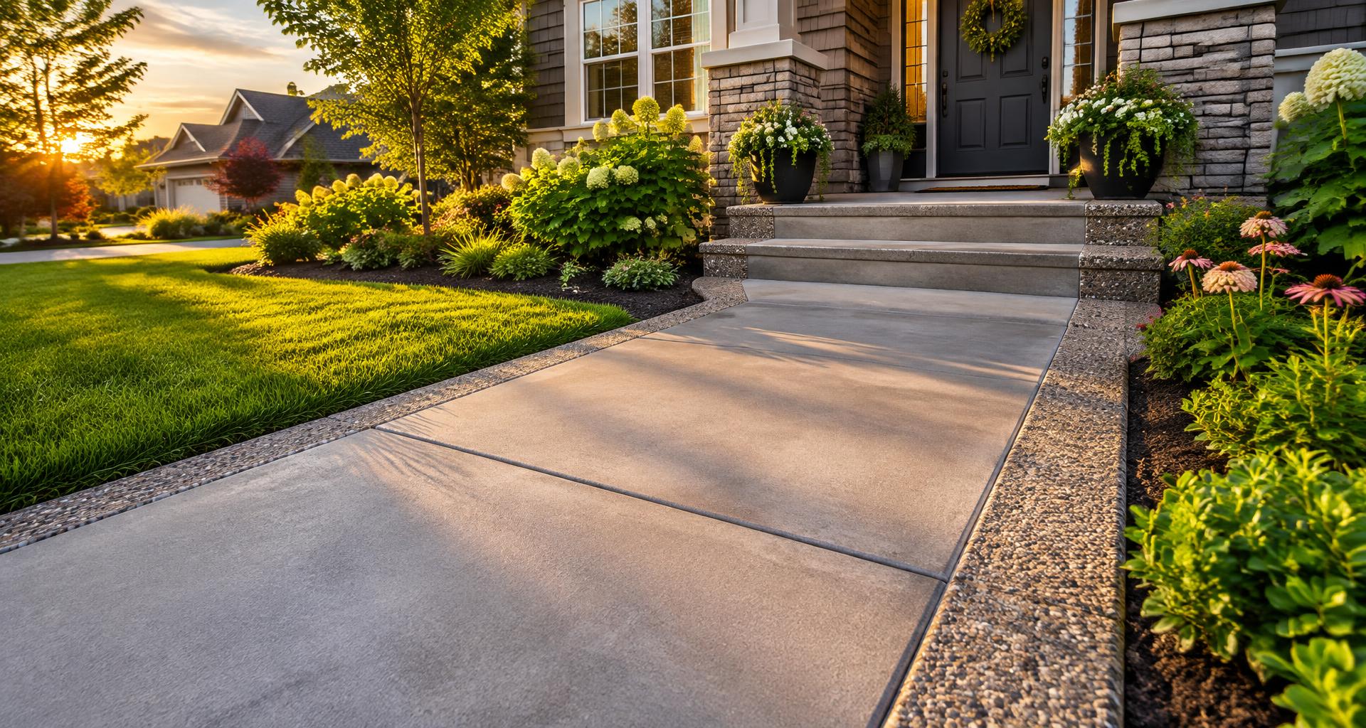 Poured concrete sidewalk and entry steps with an exposed aggregate border