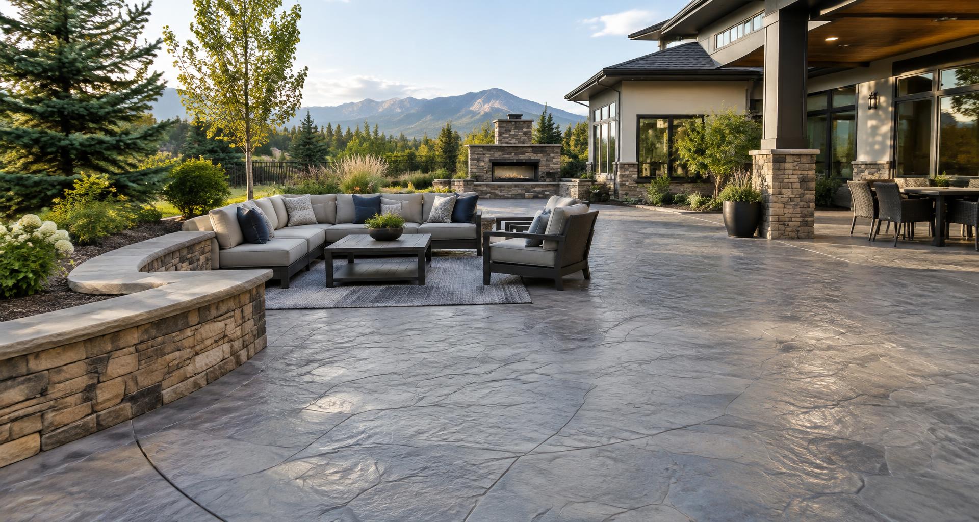 Stamped concrete patio with natural stone retaining walls